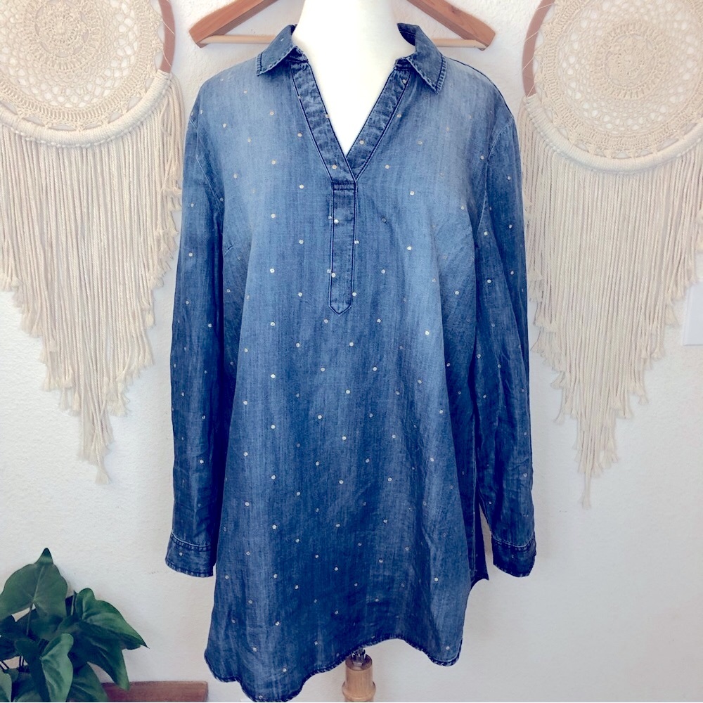 C. Est. 1946 chambray with gold polka dots long line tunic top